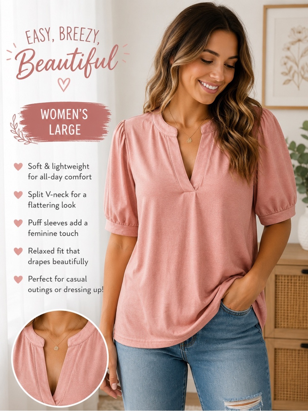Women’s Puff Sleeve V-Neck Top - Blush Pink LARGE